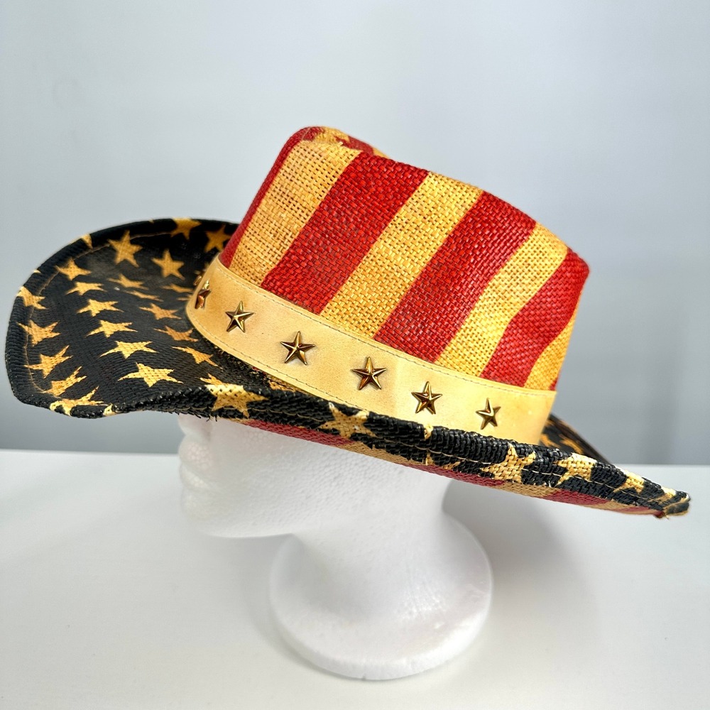 Goldcoast Sunwear American Flag Straw Cowboy Hat Patriotic Stars Stripes Red Tan